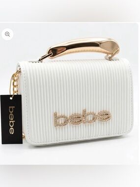 BEBE  White Ribbed Mini Top-Handle Bag with Gold Accents